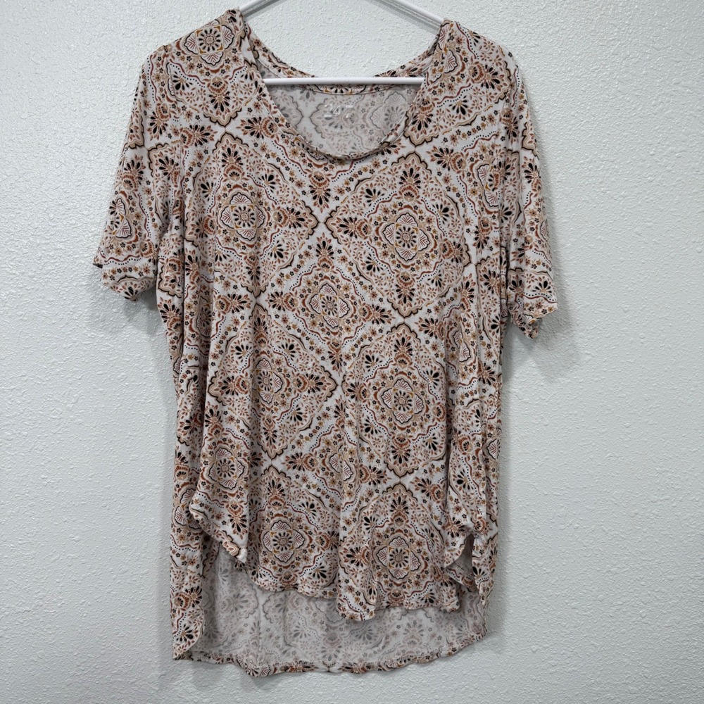 24/7 By Murals Women's Tunic Top Beige Brown Print Hi Lo Casual Tee Shirt 0X